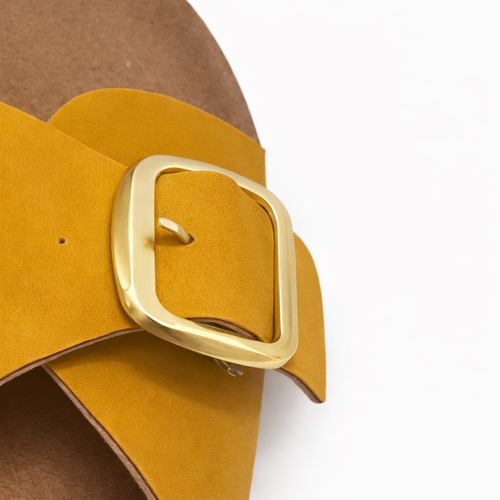 Sugar Mustard Yellow Slide Sandals Size 10 Cork Footbed Buckle - Picture 6 of 7